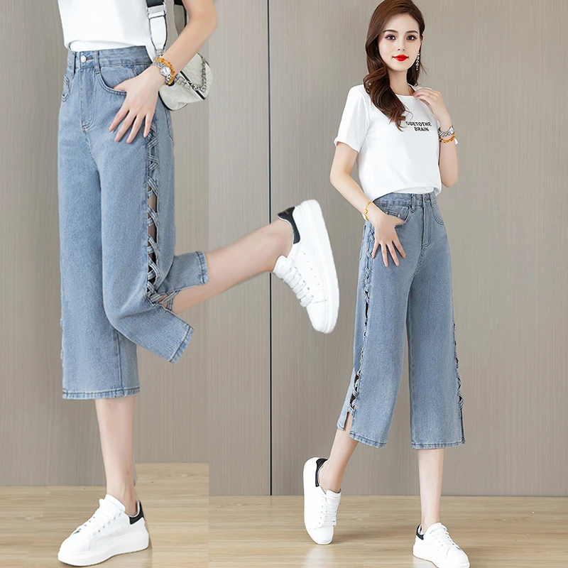 夏季窄版阔腿裤设计感侧边镂空小个子直筒裤七分时尚牛仔裤女