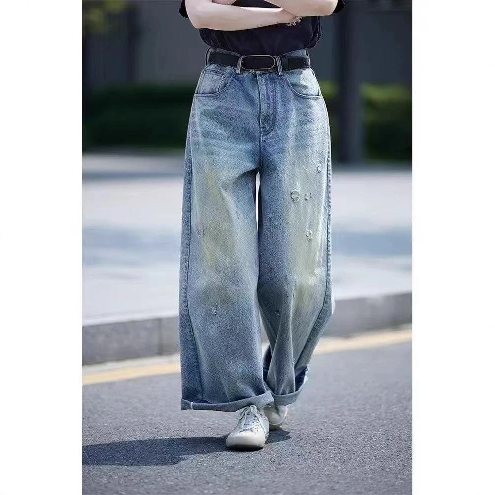 新款 春秋四季款夏日风暴纯棉复古文艺宽松百搭休闲破洞牛仔裤女