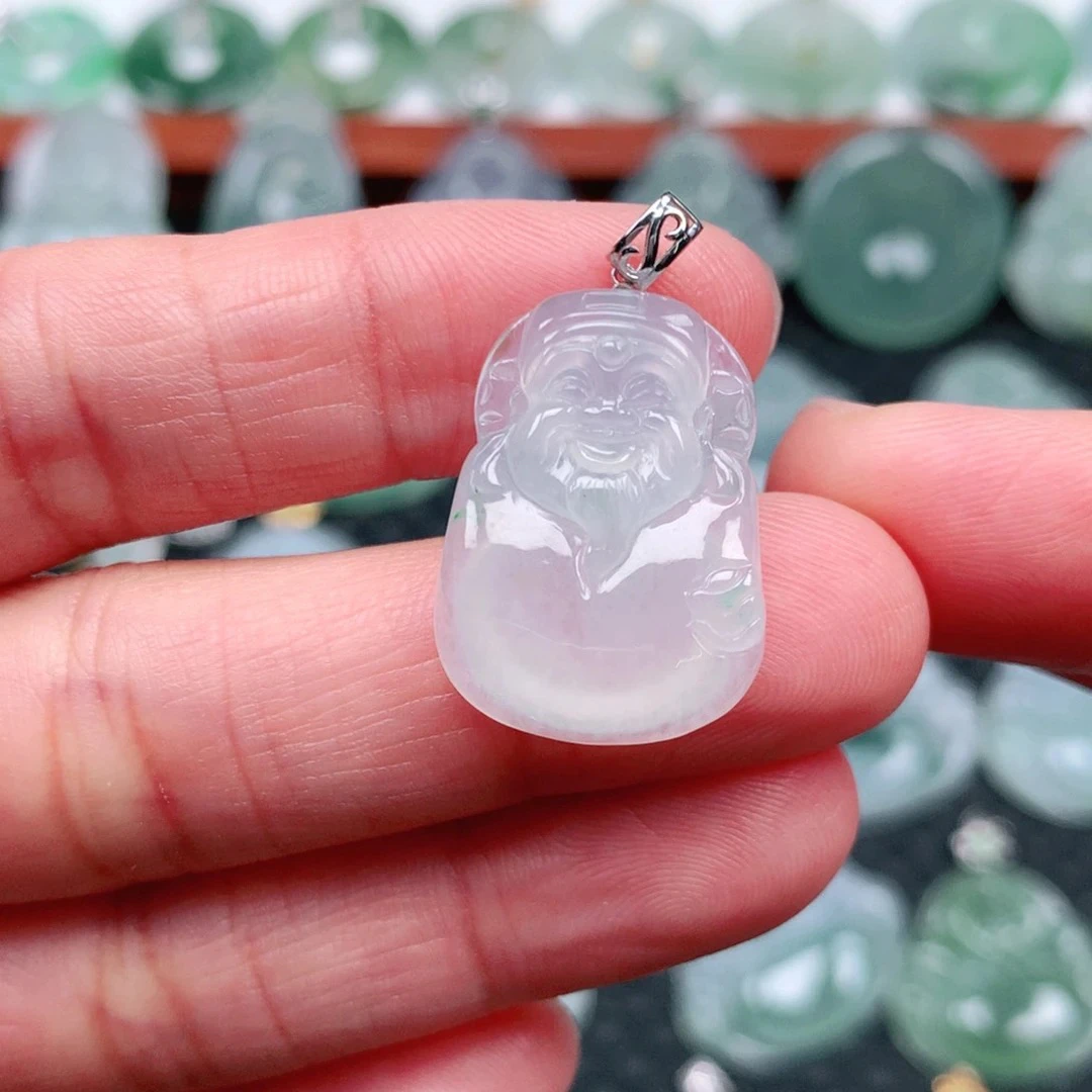 翡翠A货 18k金镶嵌冰种冰润财神爷吊坠