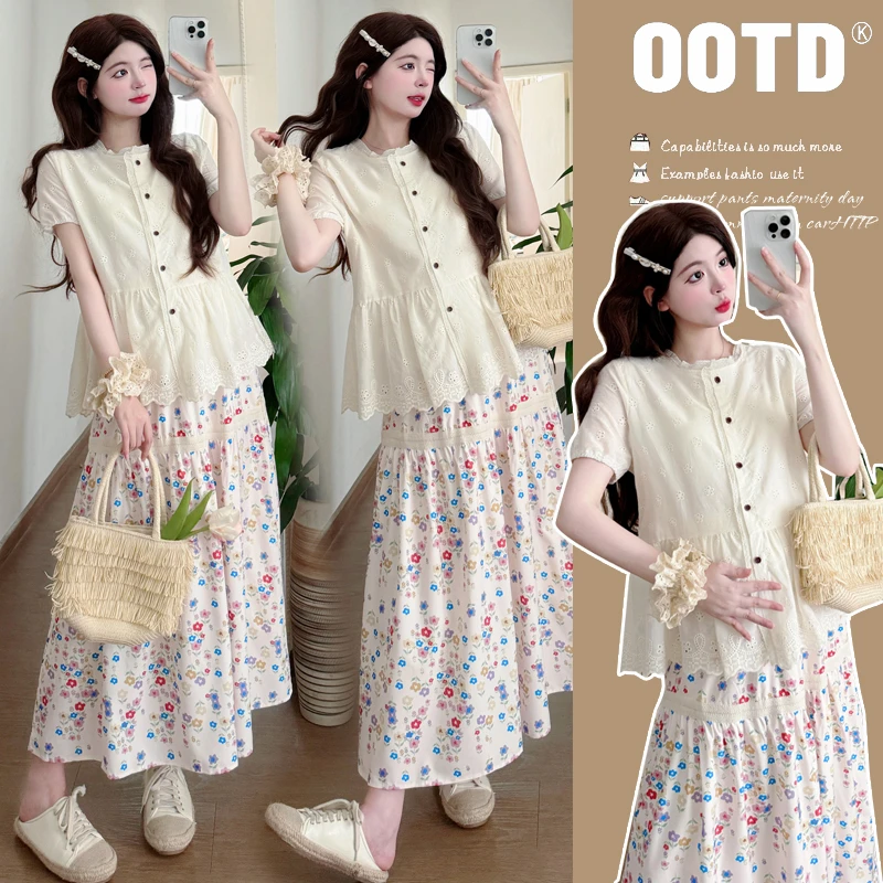 MIMI~时尚孕妇装休闲甜美夏装新款白色小花衬衫搭小众法式半身裙