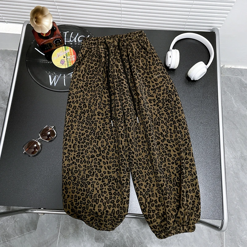 冬季新款女大童加绒豹纹长裤洋气宽松舒适百搭卫裤zb3726简约童品