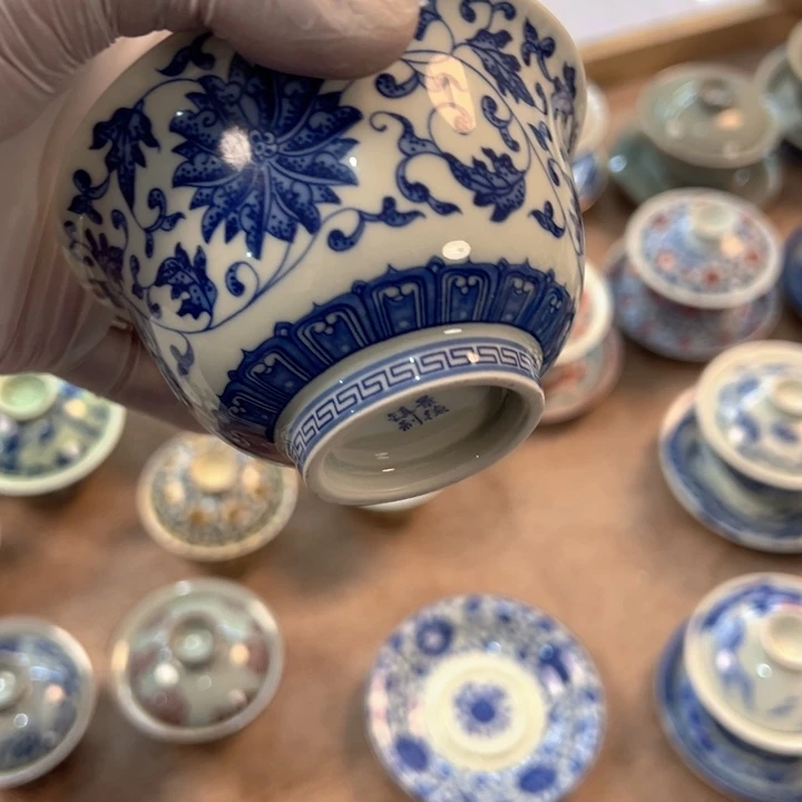 瓷片白青花缠枝莲元宝盖碗全品