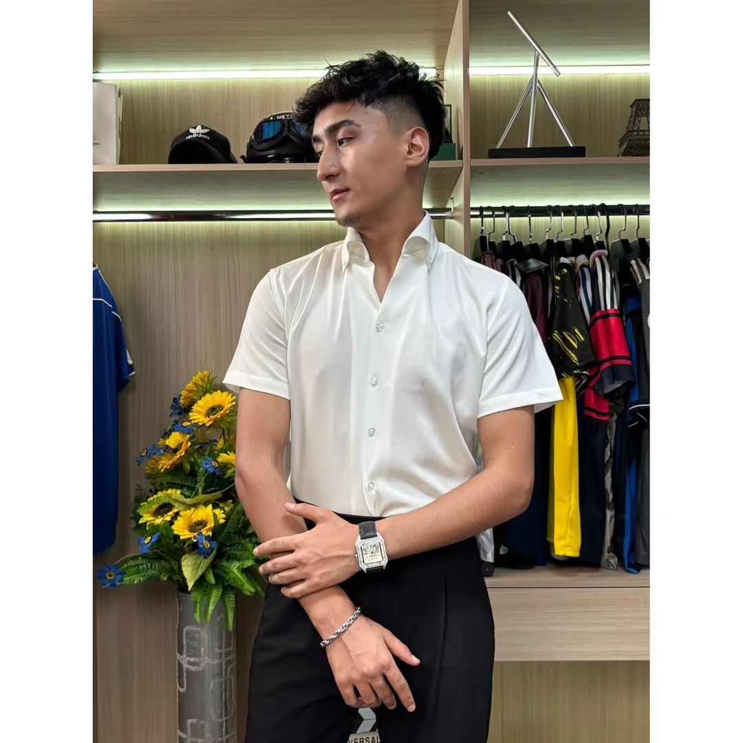 夏季潮流时尚短袖衬衫男士商务透气纯色正装白衬衣