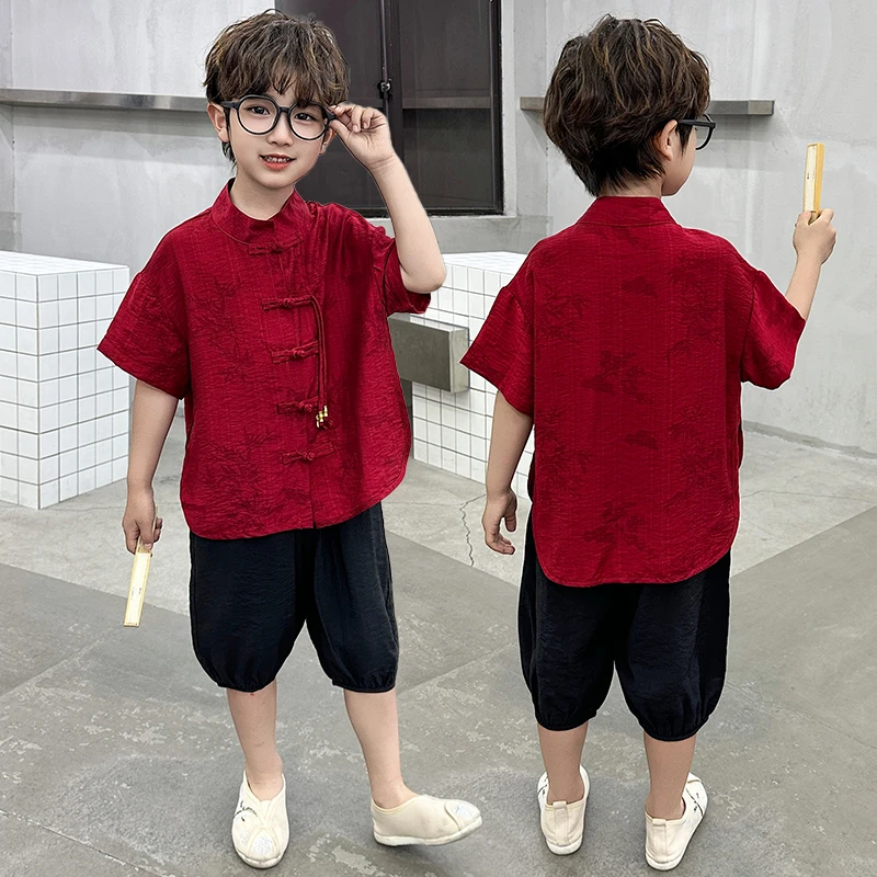 汉服男童夏季新中式中国风短袖套装儿童高端小众礼服宝宝古装唐装