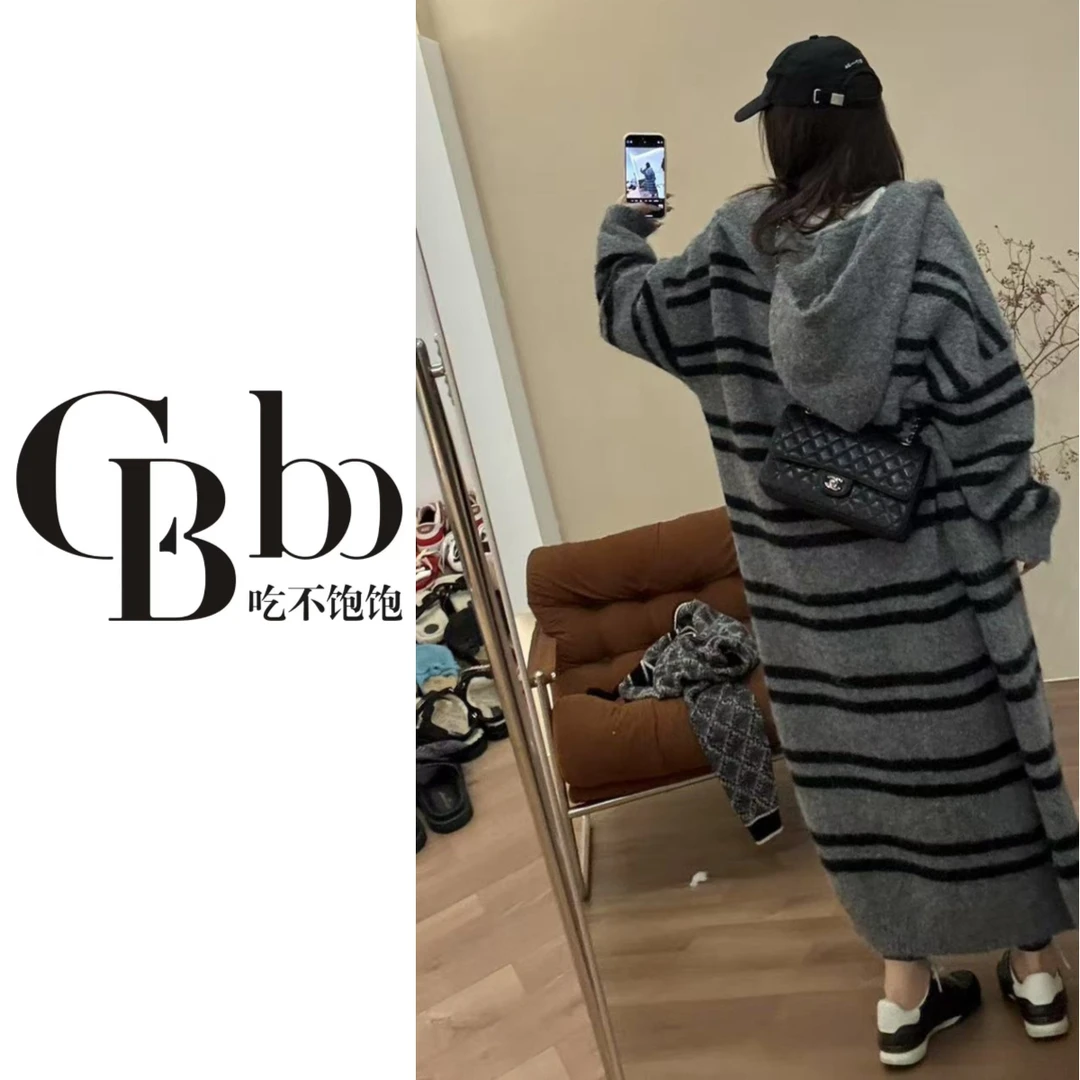 【吃不饱饱】大码 苏格兰小调 超大件条纹毛衣针织大开衫慵懒237