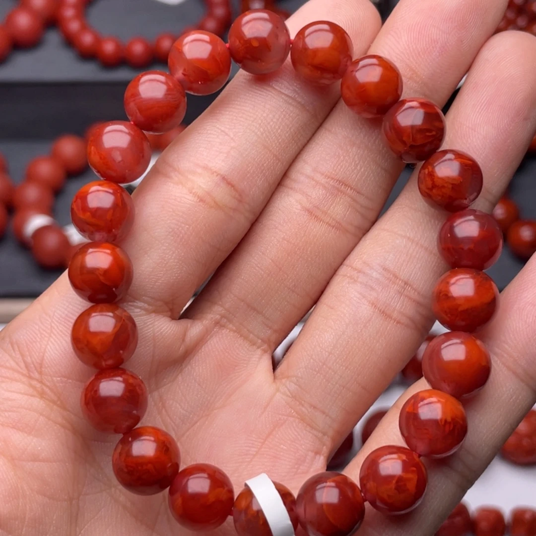 南红玛瑙未镶嵌手串H9.7mm原矿妖孽牛血火焰手串