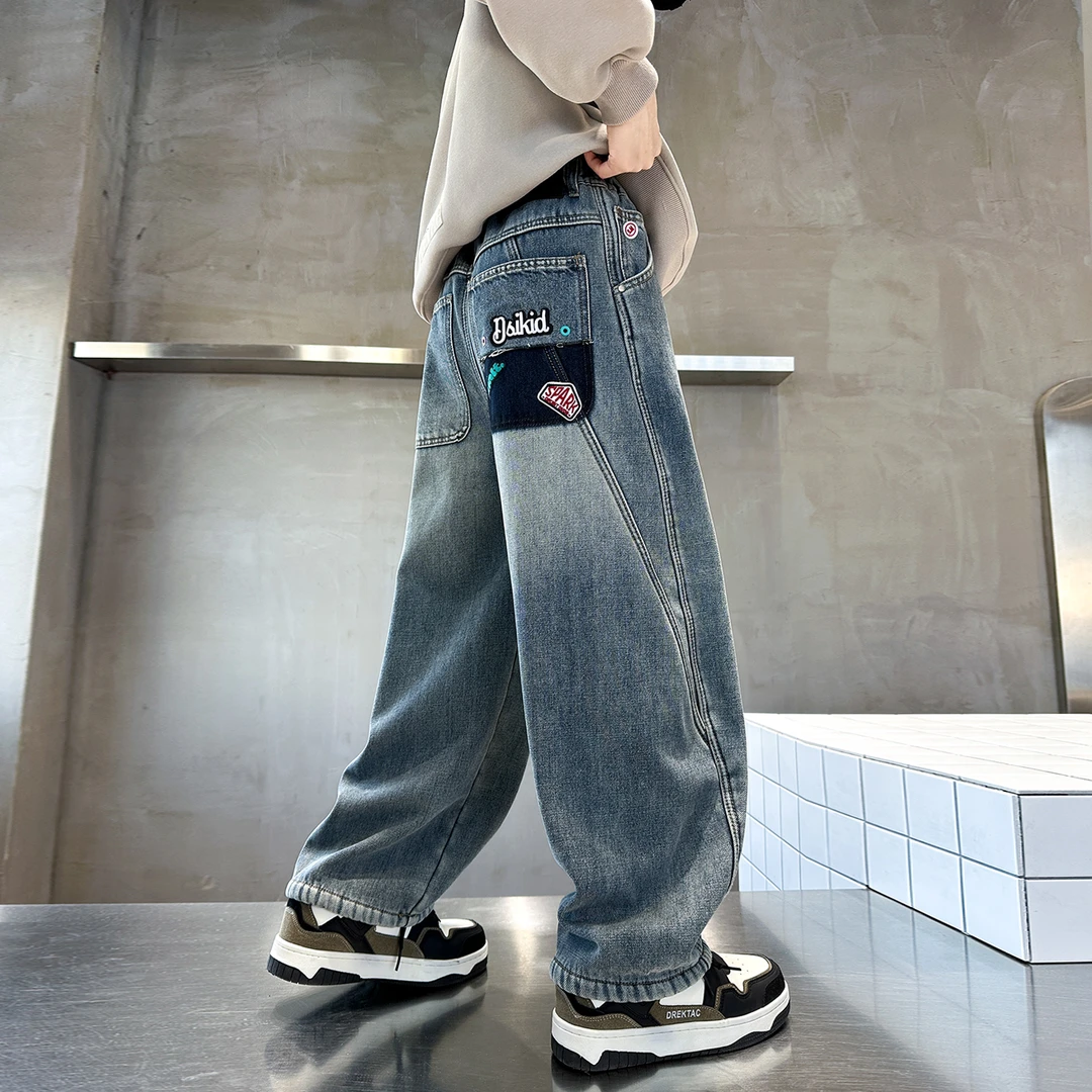 痞帅个性潮牌男童装加绒牛仔裤加厚中大童儿童帅气炸街裤子青少年