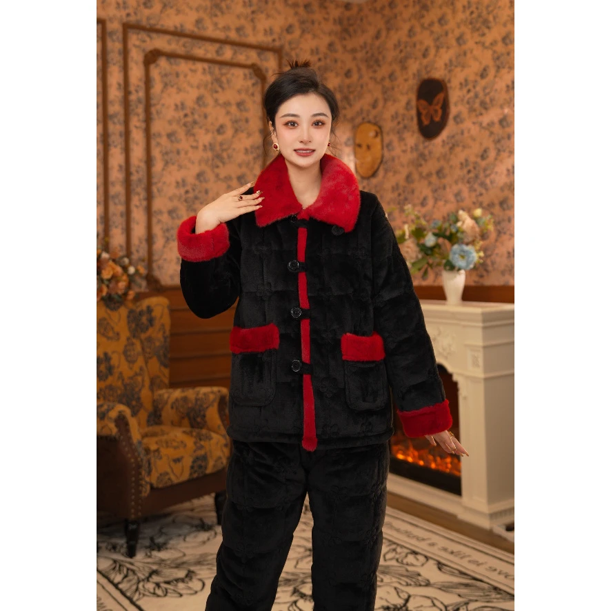 【黑红●短款】【亭子】女士家居服长袖睡衣女冬款套装加厚加绒保暖