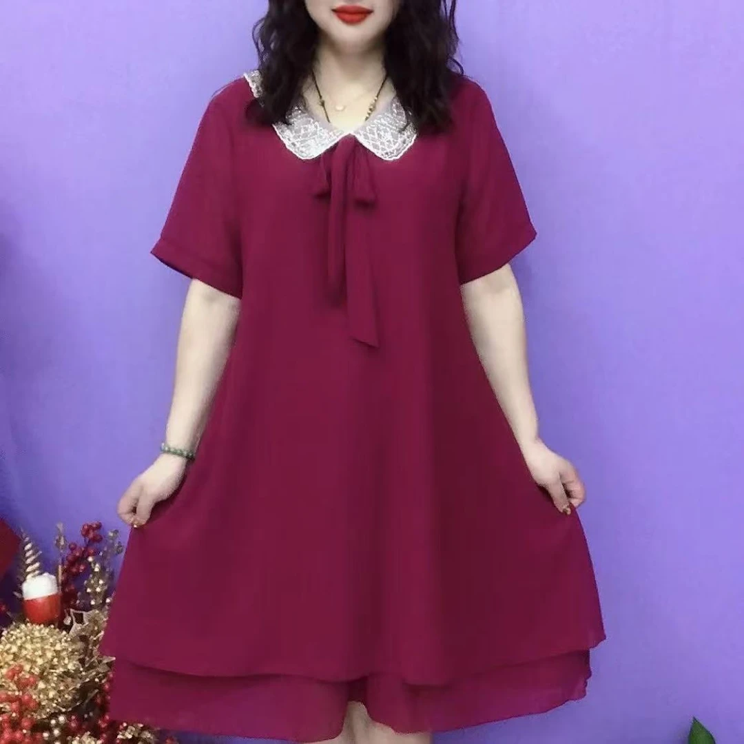 夏季时尚宽松大码女装洋气妈妈装休闲减龄韩版纯色娃娃领连衣裙