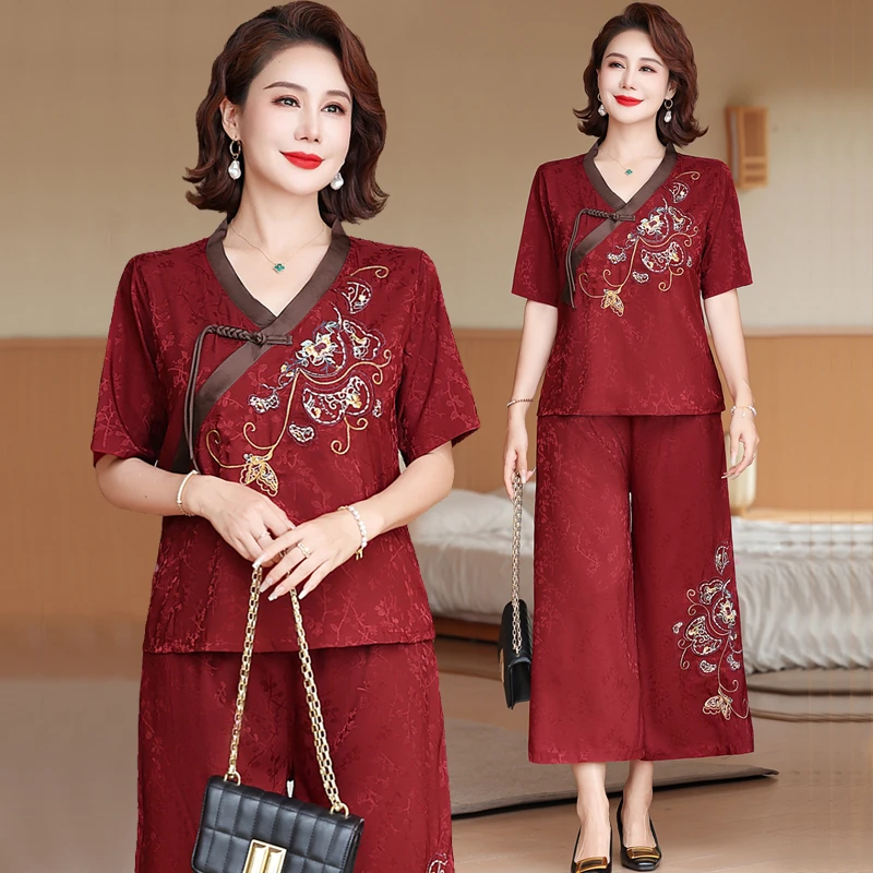 中年妈妈新中式国风洋气中老年人套装女夏装喜庆本命年高端两件套