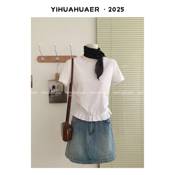 东大门韩国原单夏款新款韩系百搭休闲花边设计感短袖纯色T恤2533