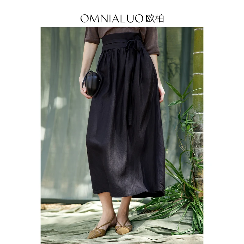 欧柏兰奴高端亚麻黑色半身裙女高腰2025夏显瘦百搭中长款A字伞裙