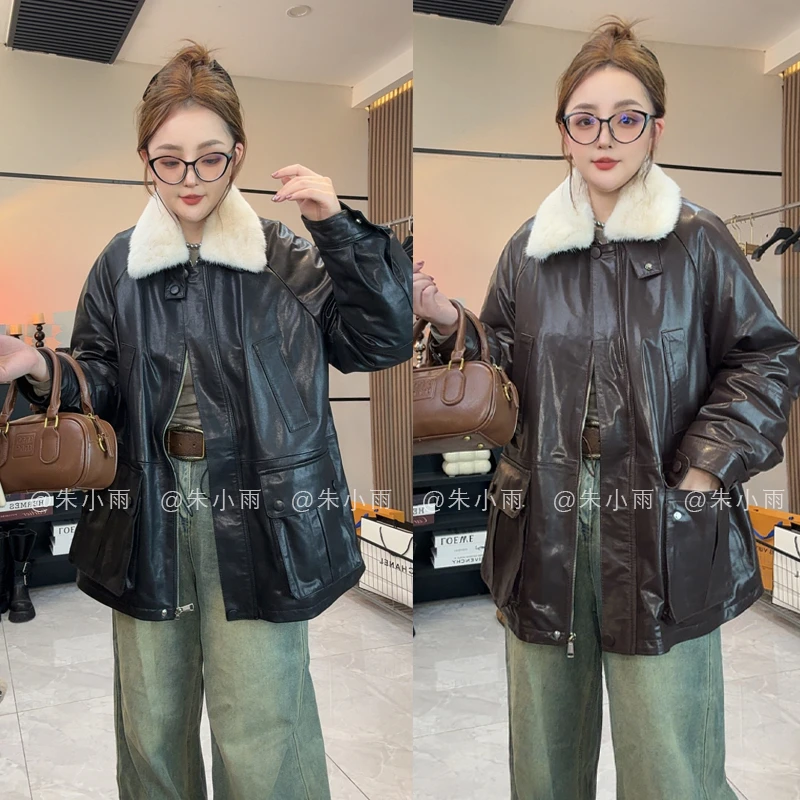 植鞣绵羊皮真皮皮衣女鹅绒貂领中长款外套