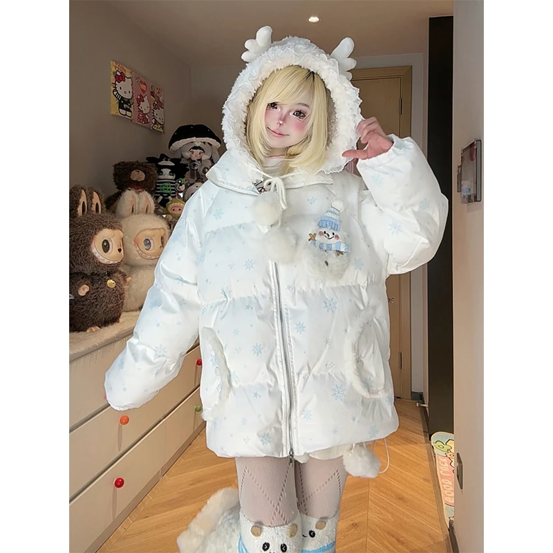 凛可爱 冬季新款原创卡通满印加厚连帽外套甜美百搭减龄保暖棉服