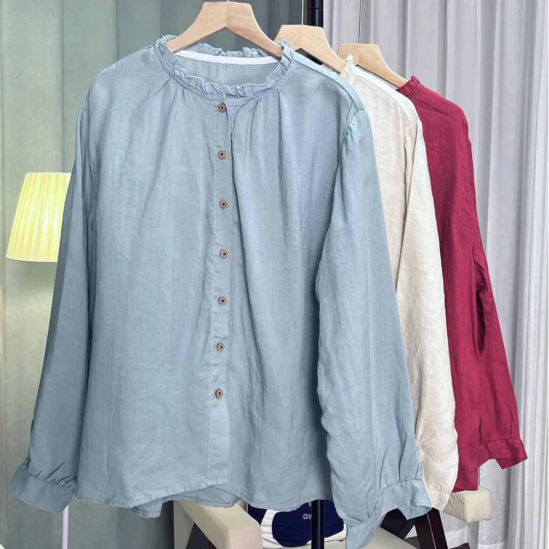 云麻纪.花边领亚麻衬衫 圆领宽松休闲