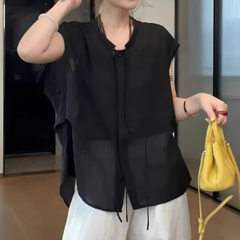 韩版小众设计感抽绳圆领无袖衬衫夏季新款气质薄款压褶不规则上衣