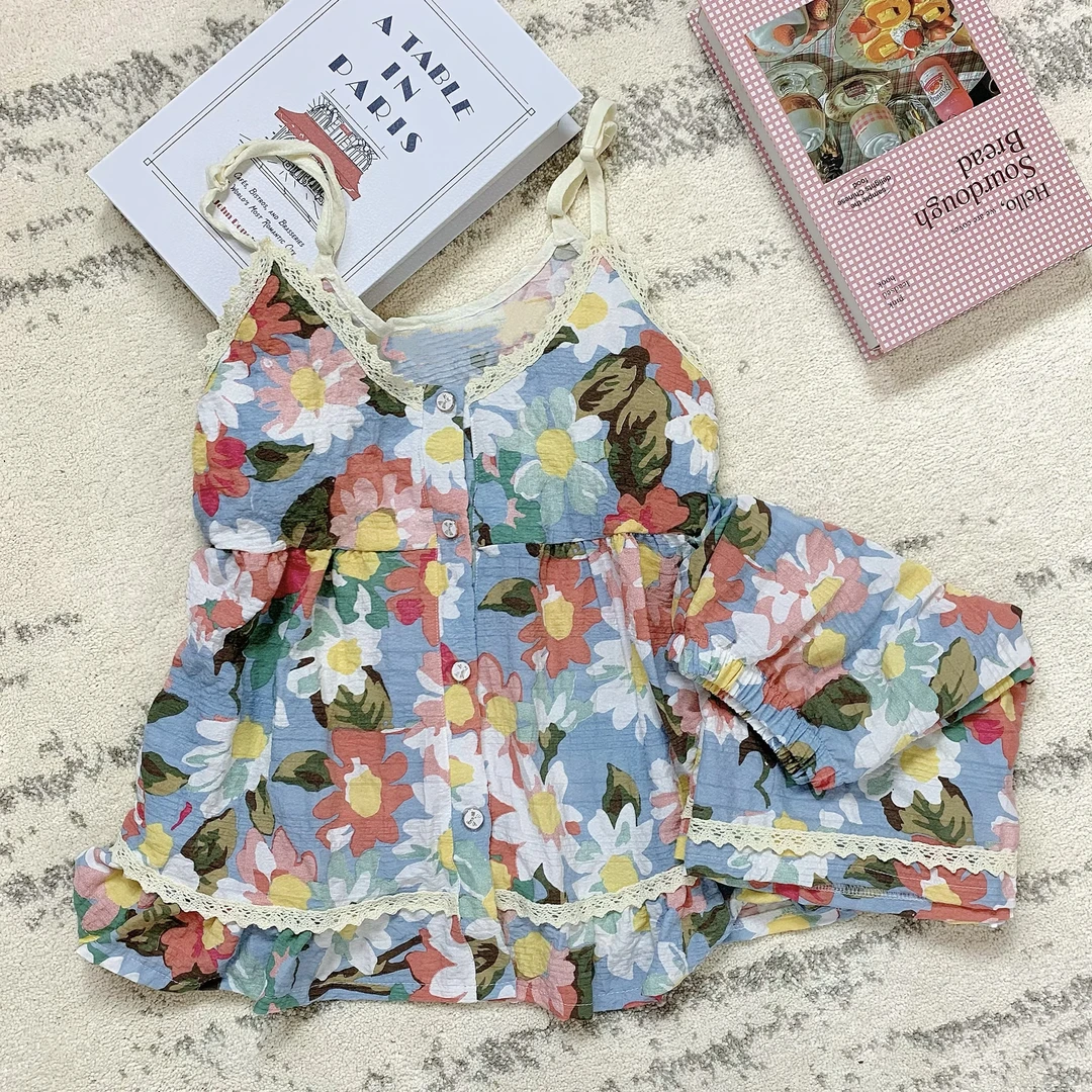 带胸垫睡衣女夏季新款云朵棉高级感可外穿碎花吊带短裤家居服套装
