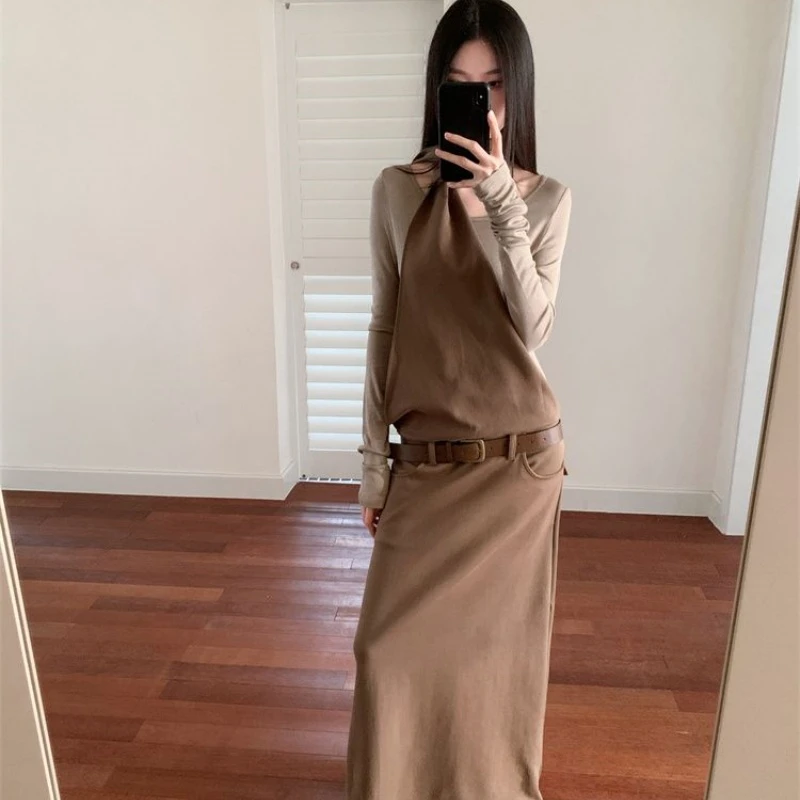 秋冬废土风内搭假两件长袖挂脖收腰长款连衣裙女