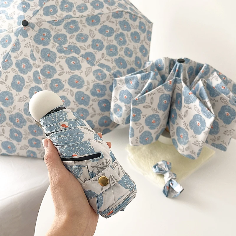 自动折叠蓝色铅笔花黑胶涂层加厚防紫外线晴雨两用女生遮阳防晒