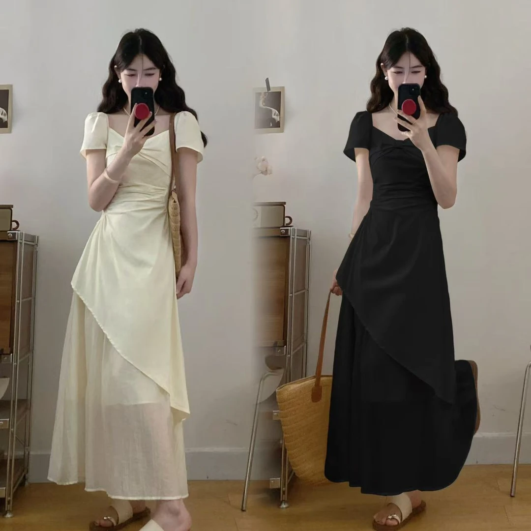 胖MM大码温柔褶皱法式气质超仙不规则连衣裙