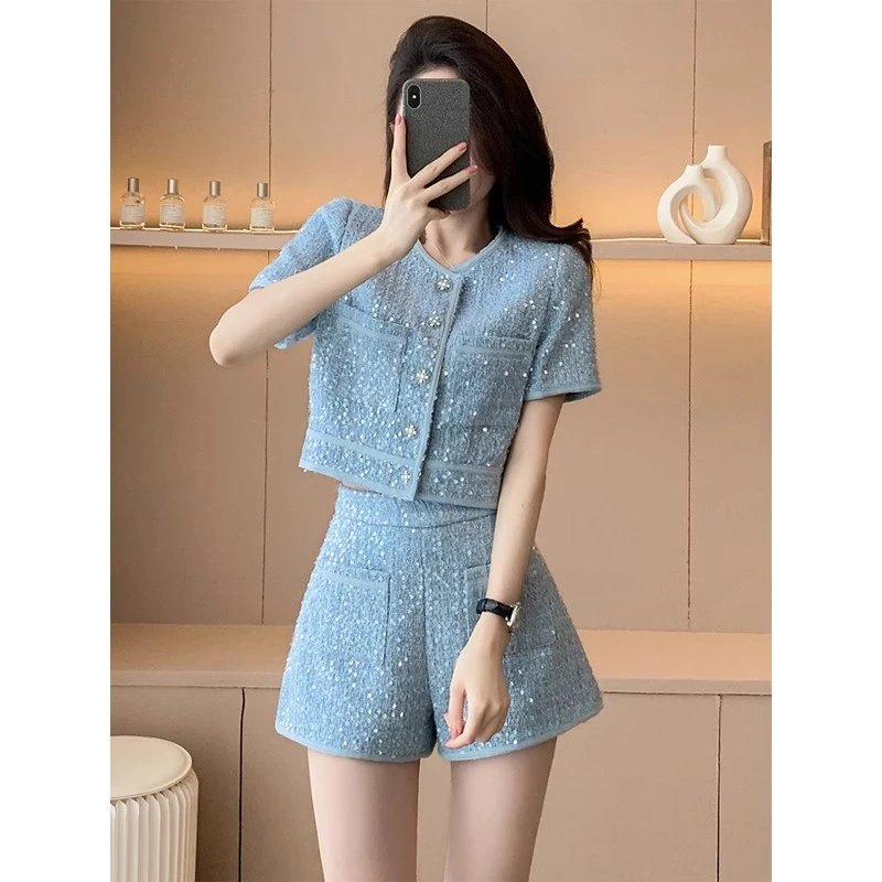 夏季短袖洋气减龄气质小个子时尚名媛小香风套装女修身显瘦两件套