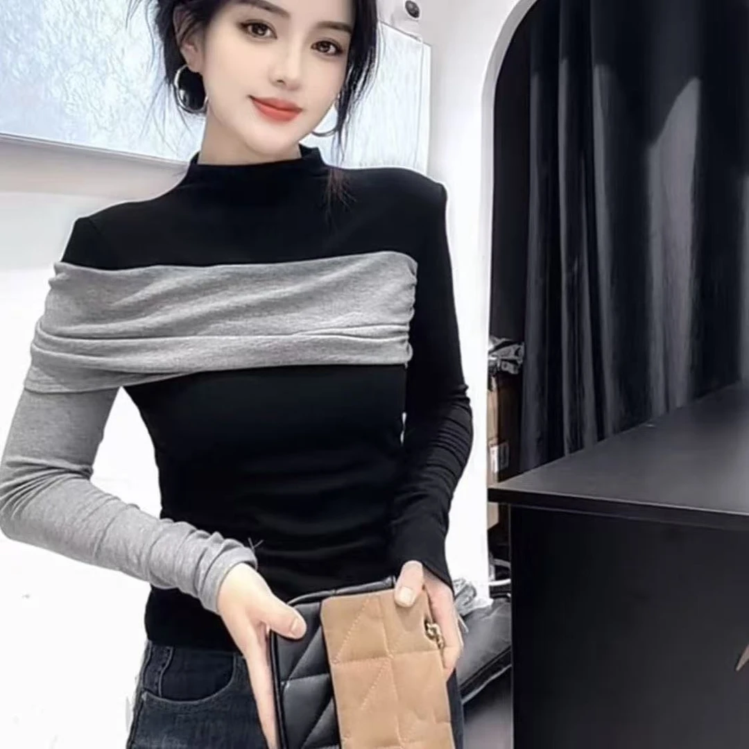 设计感撞色拼接半高领长袖t恤女秋冬新款修身显瘦打底衫上衣小众