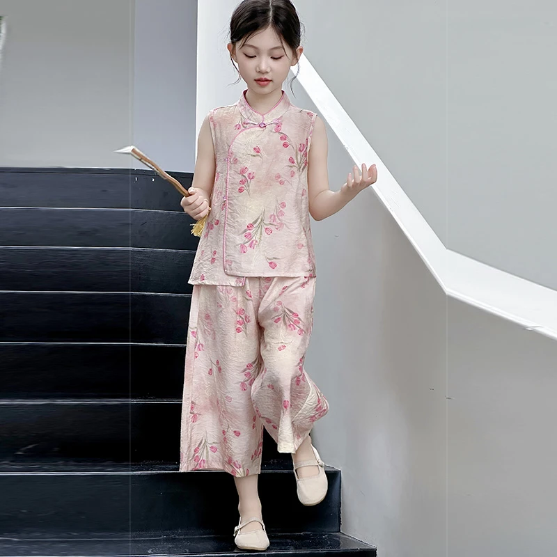 女童新中式汉服套装夏季2025新款洋气时髦国风小女孩粉色儿童夏装