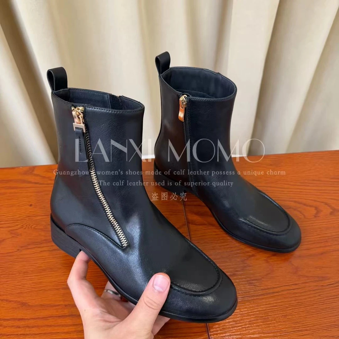 【若希】时尚百搭女士黑色真皮粗跟圆头英伦风靴子24XZ646LX