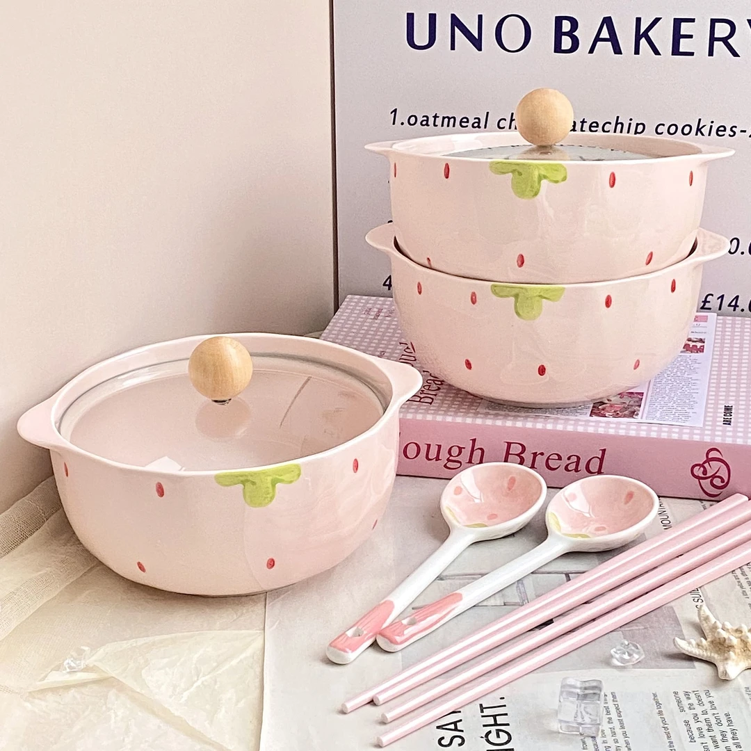 ins草莓双耳陶瓷泡面碗带盖学生宿舍用方便面碗大容量釉下彩餐具