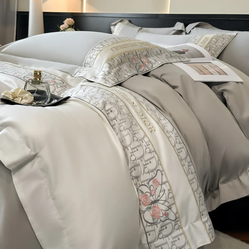 富安娜160支长绒棉四件套纯棉刺绣被套全棉床单床笠四季床上用品4