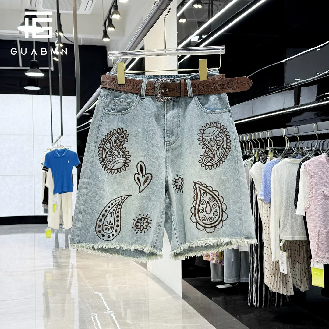 GUABMN2025夏季新款时尚百搭刺绣休闲阔腿牛仔短裤夏日穿搭5385