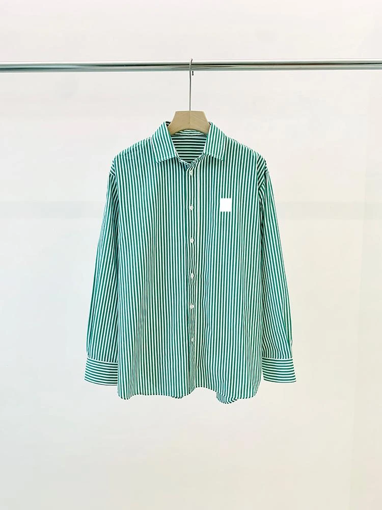 G1160 宽松版绿色条纹棉质衬衫