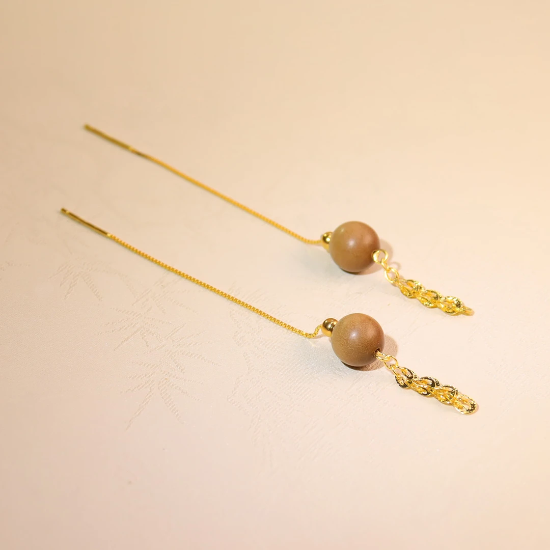 <凤求凰>老山檀木带宝耳钉S925银镀金镶嵌