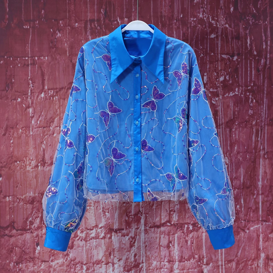 【LIANG哥女装】2025欧货松石蓝立裁假两件拼接短款衬衫6596A