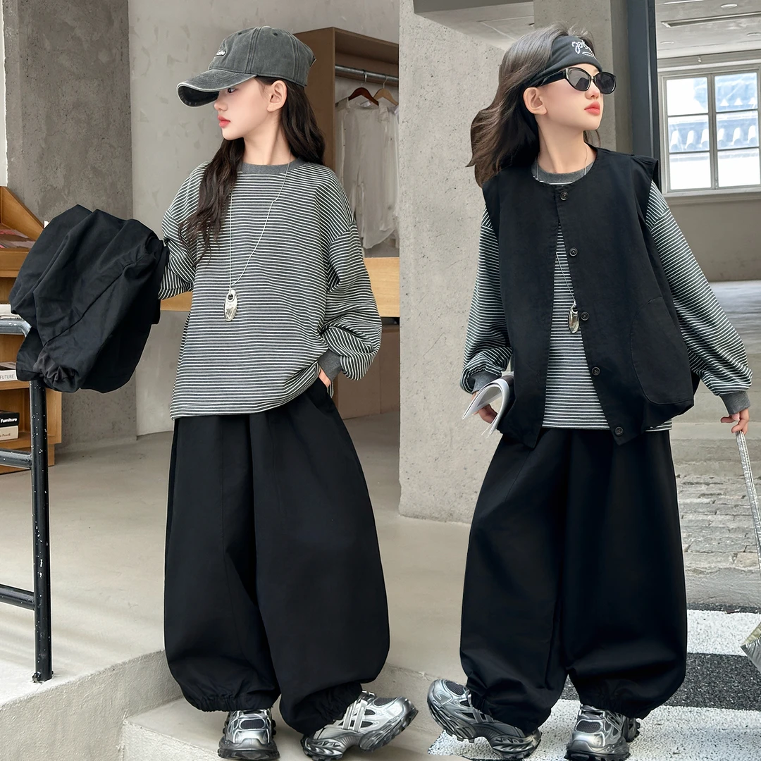 儿童套装春秋款中大童洋气2025秋季新款韩版马甲条纹打底衫休闲裤