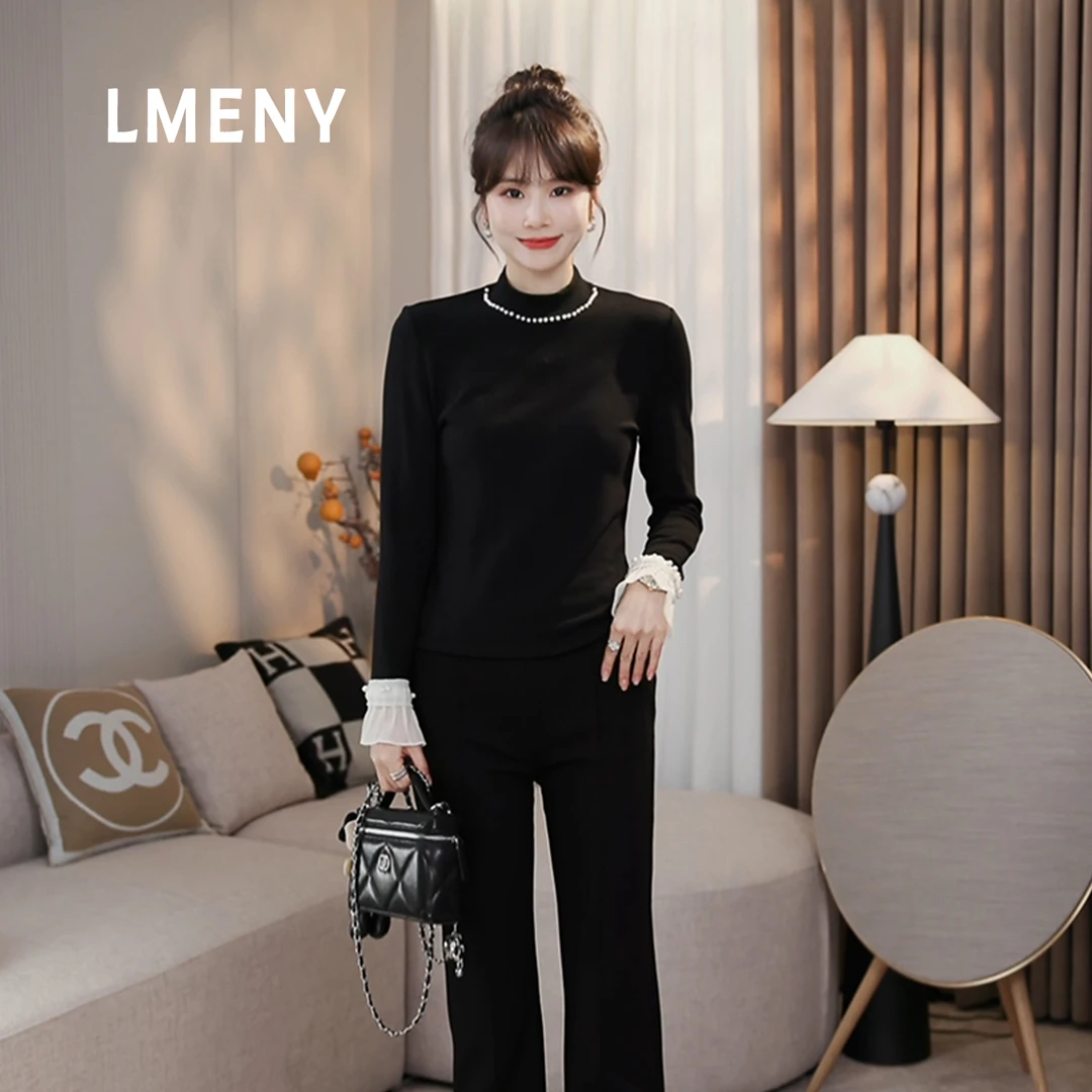 LMENY“珍珠圆领衫”精致保暖！半高领加绒钉珠花边打底衫25DT010