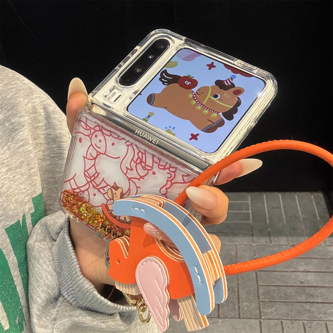 适用华为purax典藏版手机壳透明流沙pocket2金色闪粉线条马手绳女