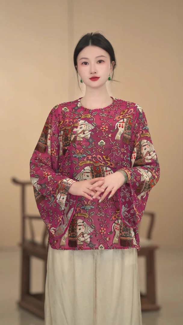 「晚春里」桑蚕丝时尚百搭新中式夏季宽松圆领提花中国风斜襟长袖