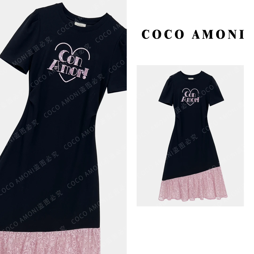 高级设计师新款夏日女装拼接重工亮钻爱心显瘦气质连衣裙AC499