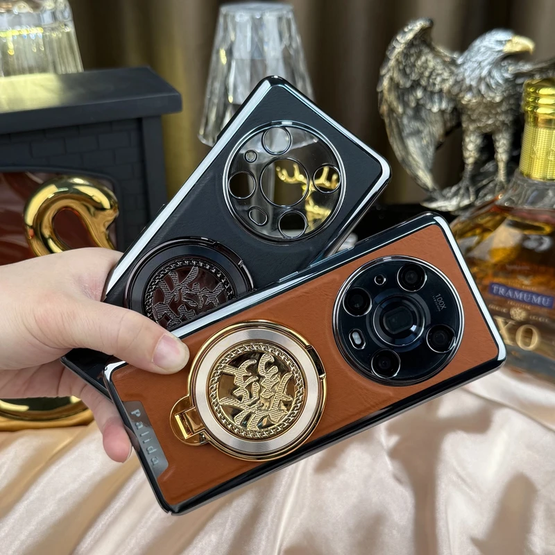 适用于荣耀Magic4 Pro【解压陀螺+發字支架】电镀纳帕皮纹防摔全包