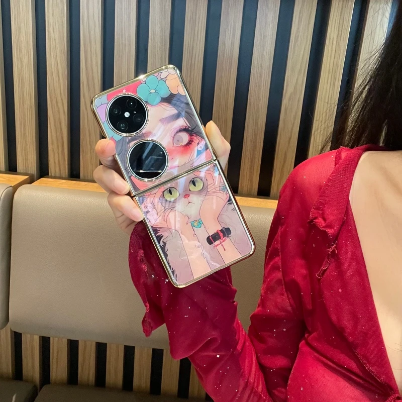 适用于华为pocket2手机壳电镀彩色花朵猫咪pockets保护壳高级p50