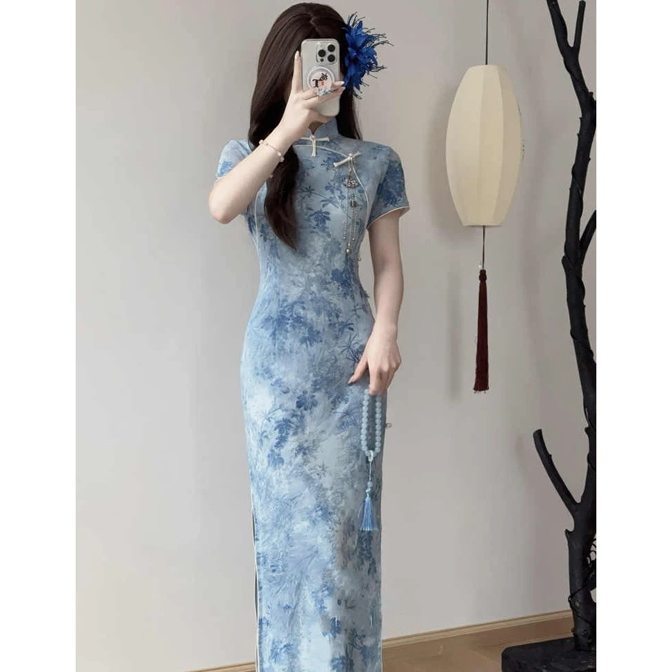 《琉璃月影》蓝色旗袍2025春夏新款复古民国风温婉少女气质连衣裙