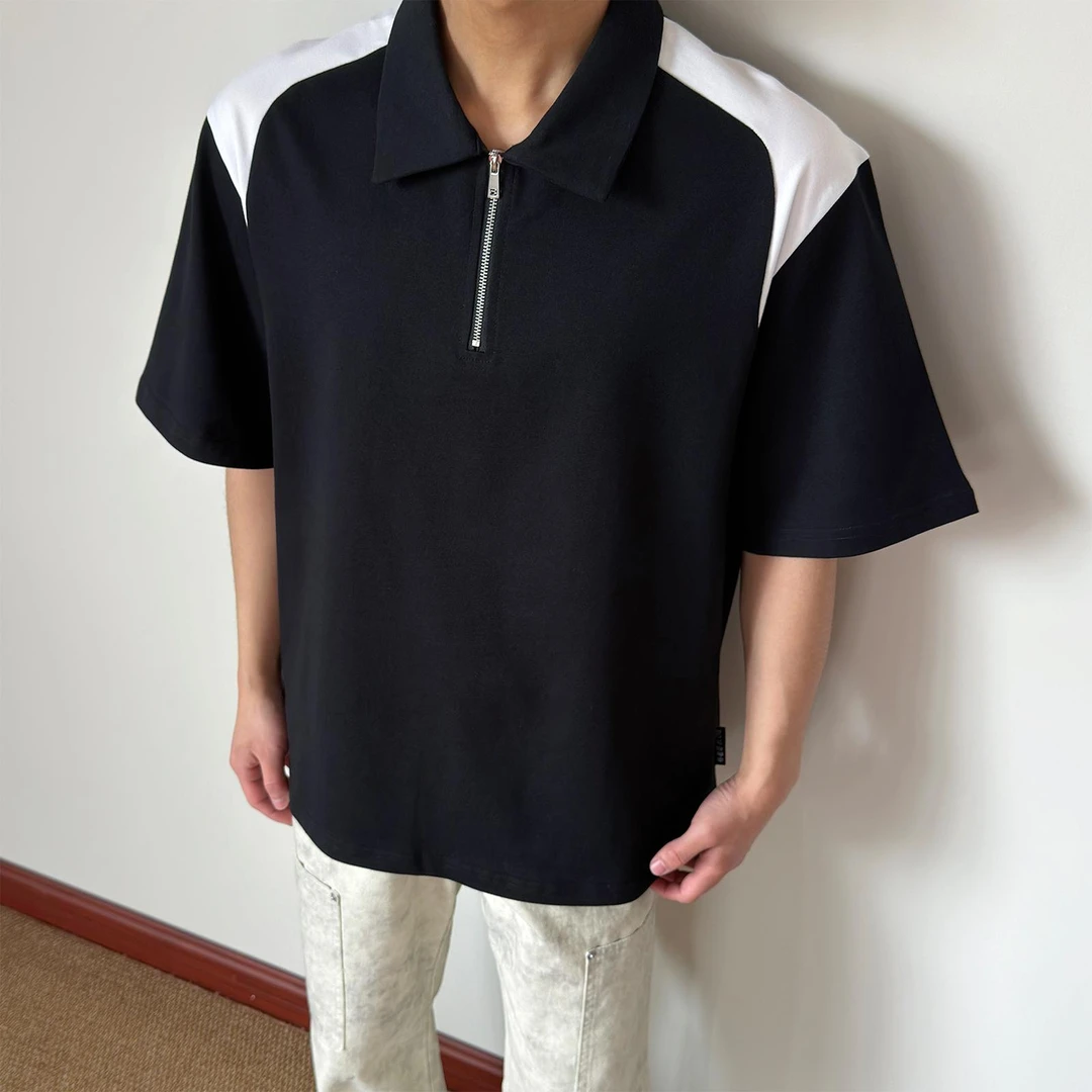 布老哥Blog美式复古撞色拼接拉链polo衫百搭重磅宽松拉链短袖D113