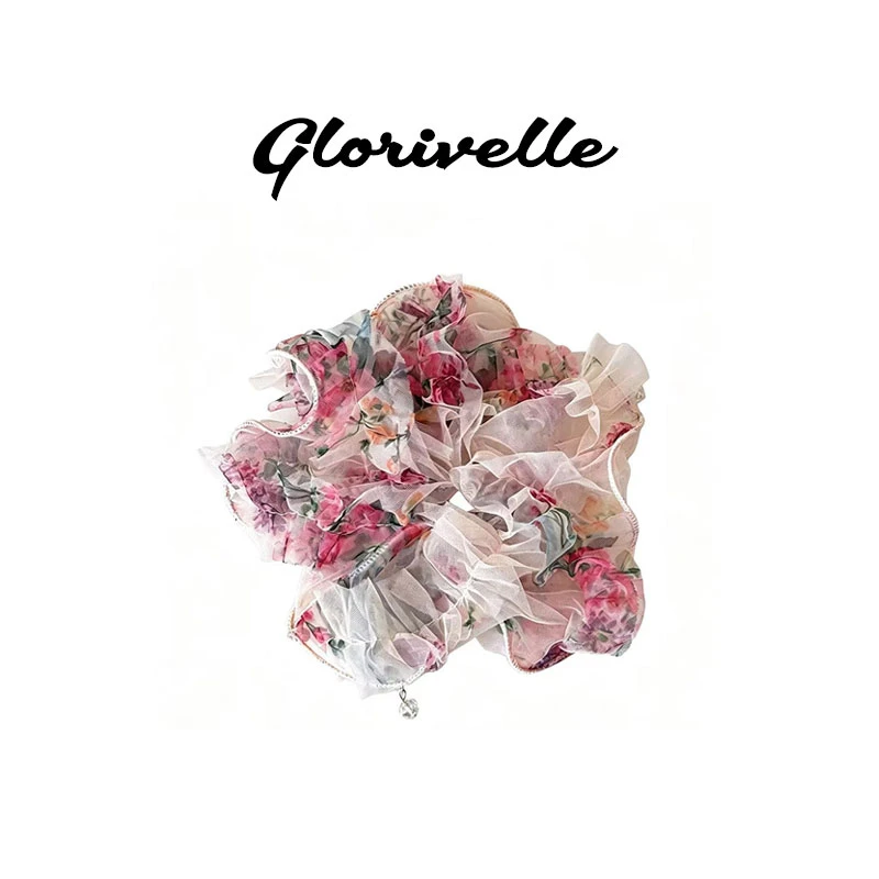 Glorivelle花雾漫纱~超仙粉色碎花网纱大肠发圈甜美扎头发饰