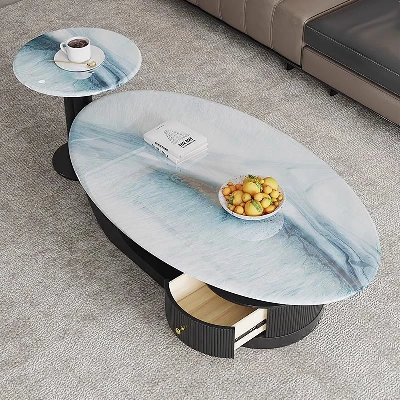 简约微晶石茶几奶油现代轻奢风椭圆形茶几小户型法式轻奢家用组合