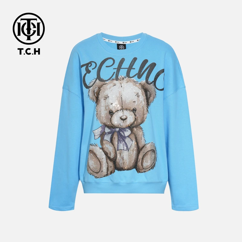 TCH轻奢秋冬慵懒风烫钻时尚淑女蓝色长袖T恤T75C11E9026私服tch