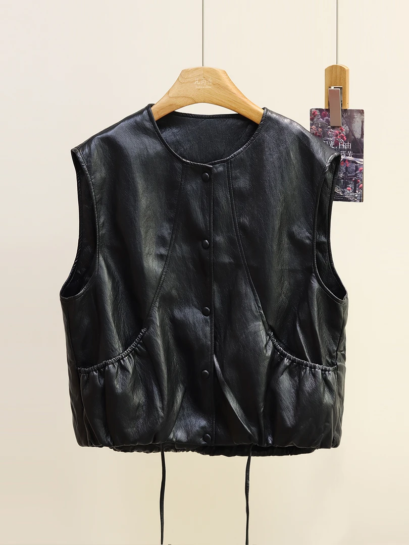 2025秋冬高级感复古机车叠穿宽松上衣双口袋设计黑色无袖马甲女式