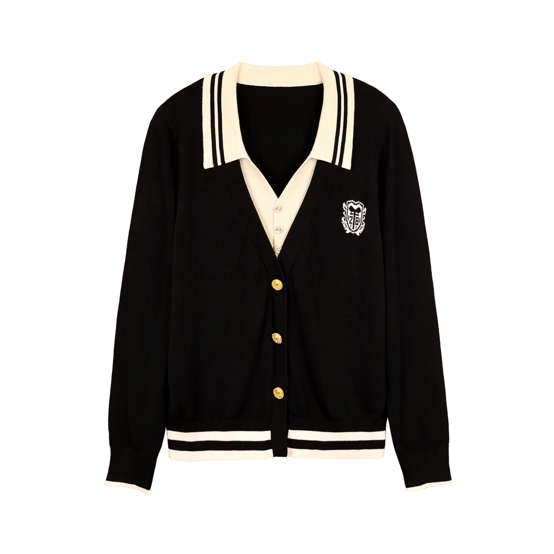 秋冬女士长袖针织衫黑色翻领时尚减龄洋气假两件莱赛尔针织女上衣