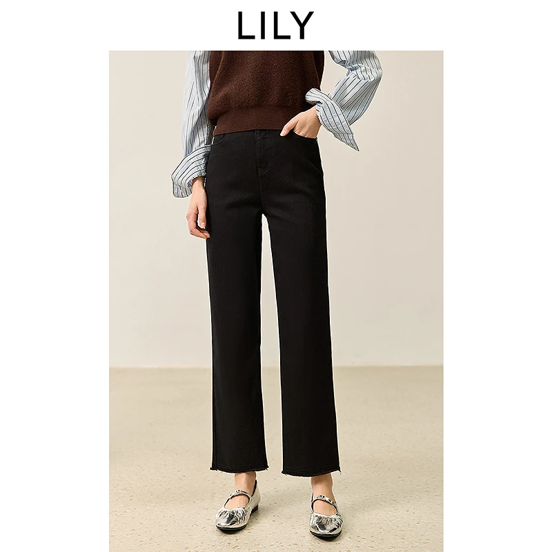 LILY2025冬新款女装通勤九分裤小脚黑色牛仔裤直筒裤125409GJ923