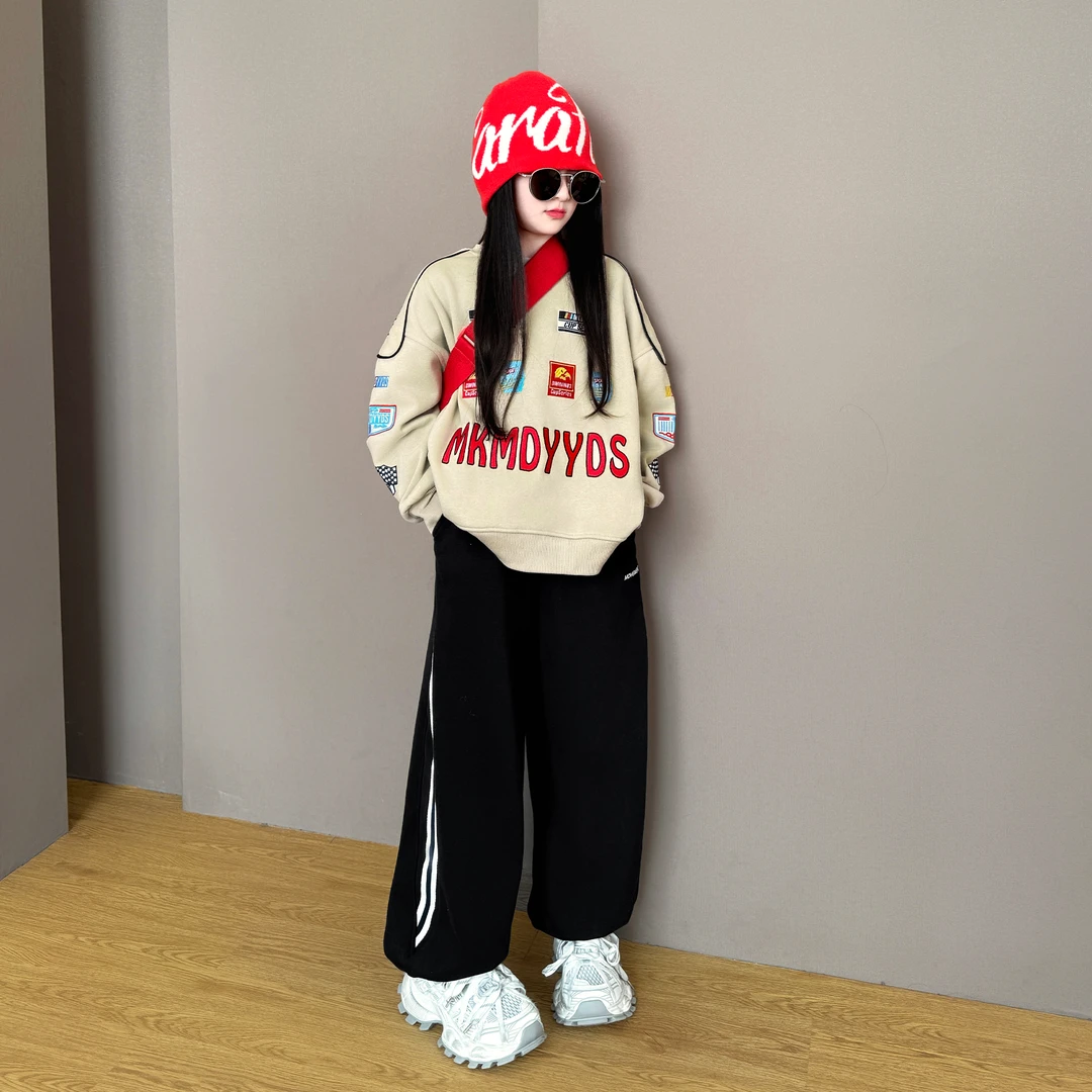 女童2025新款儿童秋冬季加绒绣花韩版卫衣休闲卫裤中大童套装潮酷